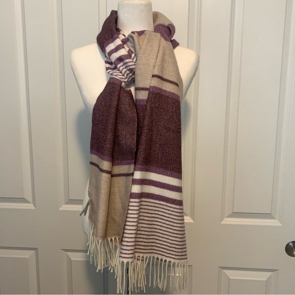 Calvin Klein CK Plum Wine Tan Stripe Oversized Scarf Blanket Shawl SOFT 78x24” - Picture 2 of 16
